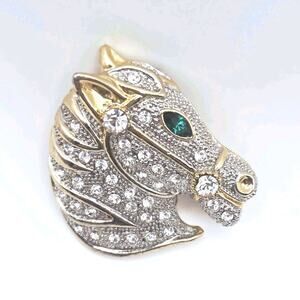 Gold Tone Rhinestone Studded Horse Head Vibrant Green Gem Eye Pin Brooch Equine